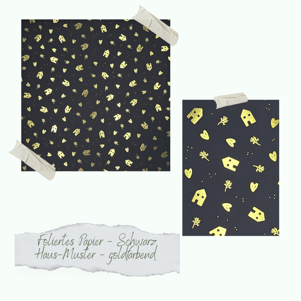 Papel metalizado - Schwarz - Haus-Muster - goldfarbend