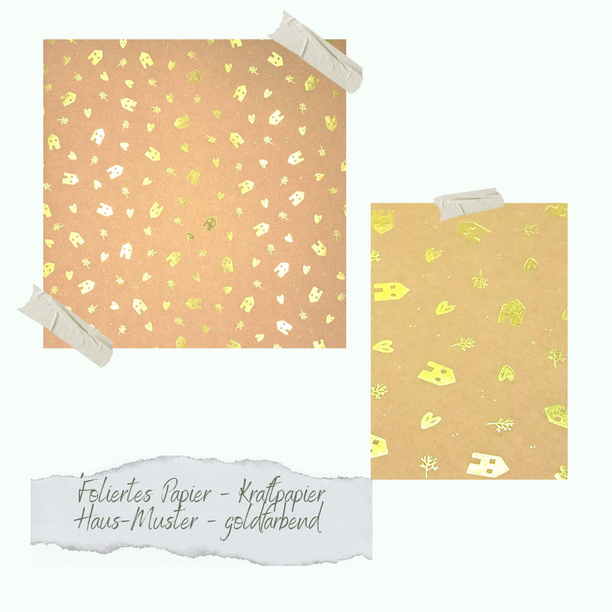 Papel metalizado - Kraftpapier - Haus-Muster - goldfarbend