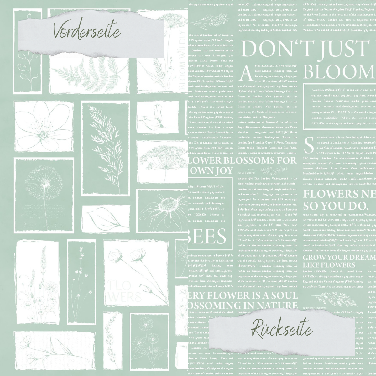 Papel de diseño - Basic - Vintage Mint - Newspaper + Wildflowers - Doppelseitig bedruckt